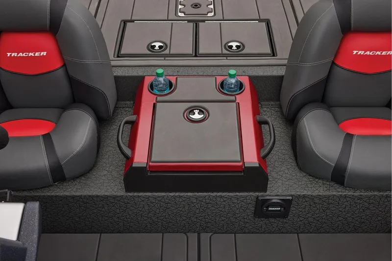 Slide: The Image of Manufacturer Provided Image: Interior of 2026 Tracker Savage 215 boat with red and black seating and cup holders. - 38