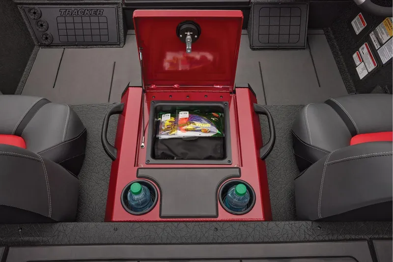 Slide: The Image of Manufacturer Provided Image: 2026 Tracker Savage 215 boat interior with storage compartment and cup holders. - 39