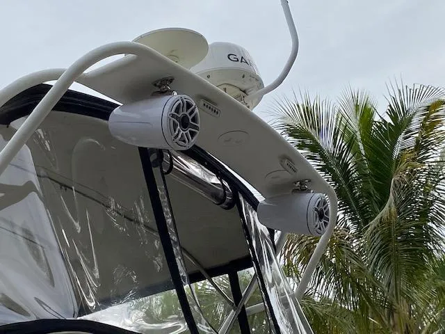 Slide: The Image of Close-up of 2007 Silverton 33 Convertible boat's radar and speakers. - 17