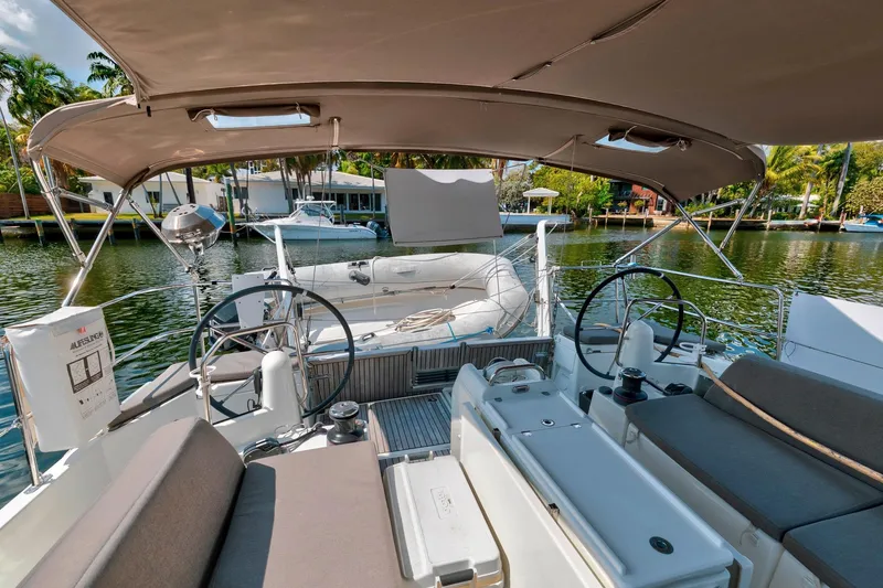 Slide: The Image of Cockpit view of 2021 Jeanneau Sun Odyssey 440 sailboat with dual steering wheels. - 14