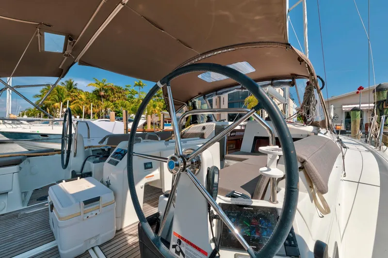 Slide: The Image of Cockpit of 2021 Jeanneau Sun Odyssey 440 sailboat with dual steering wheels. - 27