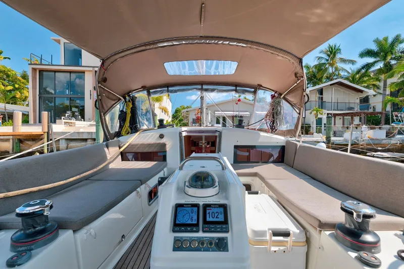 Slide: The Image of Jeanneau Sun Odyssey 440 yacht cockpit, 2021 model, featuring modern navigation equipment and comfortable seating. - 8