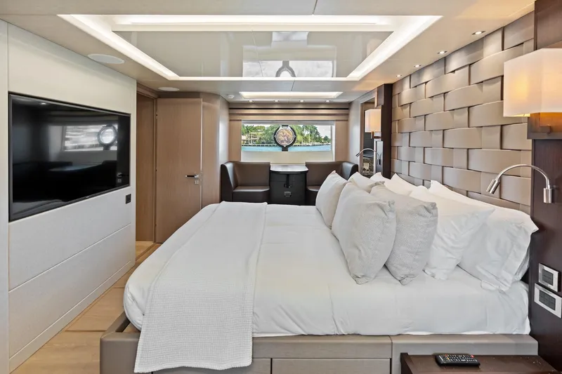 Slide: The Image of Luxurious bedroom interior of 2019 Sunseeker 86 Yacht with modern design and elegant furnishings. - 22