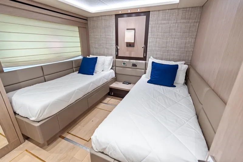 Slide: The Image of Luxurious twin cabin interior on 2019 Sunseeker 86 Yacht with modern decor. - 30