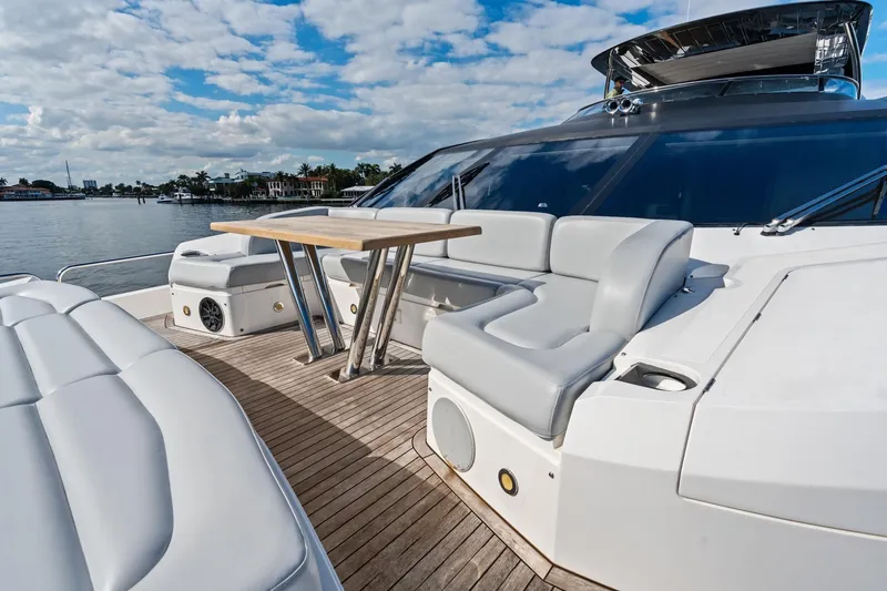 Slide: The Image of Luxurious 2019 Sunseeker 86 Yacht deck with seating and table, under a blue sky. - 39