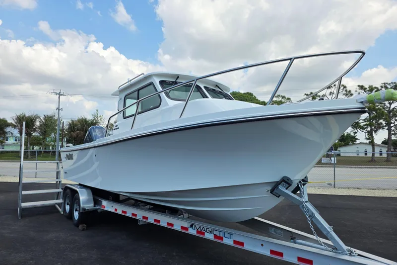 The Image of 2026 Parker 247 Explorer boat on trailer under a partly cloudy sky. - 6