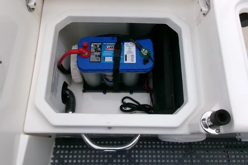 Slide: The Image of Battery compartment of 2023 Bayliner Trophy T20CC boat with Optima battery. - 22