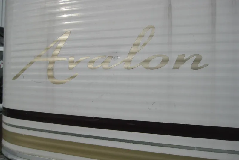 Slide: The Image of 2008 Avalon Catalina 18' boat with gold lettering on white surface. - 13