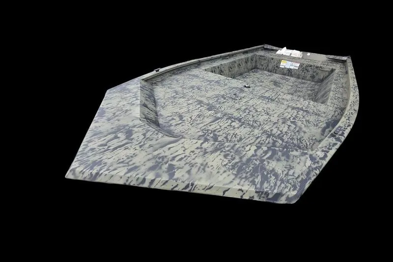 Slide: The Image of 2026 Tracker Grizzly 1754 Utility boat with camouflage design on black background. - 9