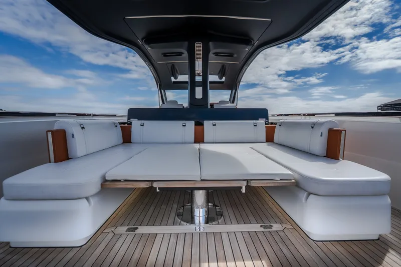 Slide: The Image of Luxurious 2025 Invictus TT430 yacht interior with sleek seating and modern design. - 22
