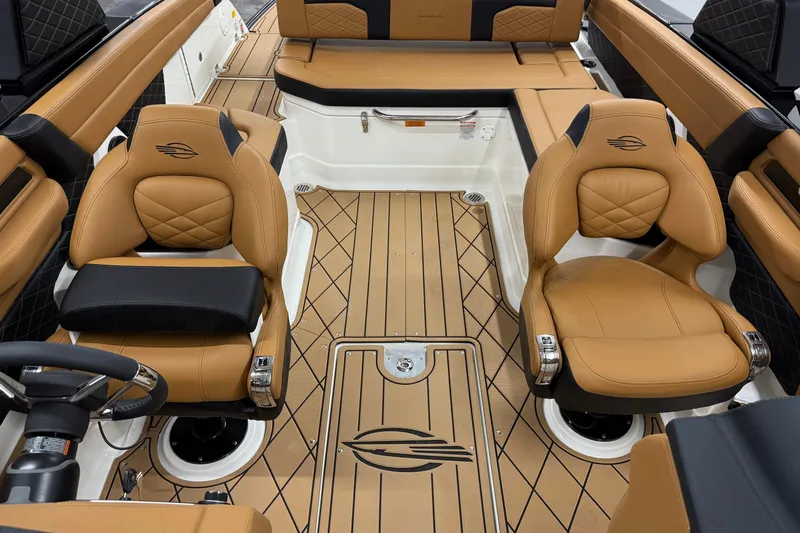Slide: The Image of Luxurious interior of 2026 Chaparral SSX 6 boat with tan leather seating. - 15