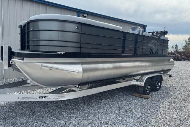 Slide: The Image of 2026 Veranda VISTA VIEW 22RC pontoon boat on trailer, parked on gravel. - 3