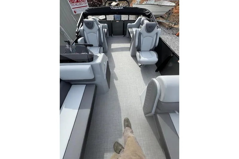 Slide: The Image of 2026 Veranda VISTA VIEW 22RC pontoon boat interior with gray seating and flooring. - 7