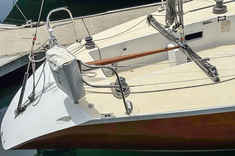 Slide: The Image of 1983 Nelson Marek 36 sailboat deck with rigging and winches. - 7