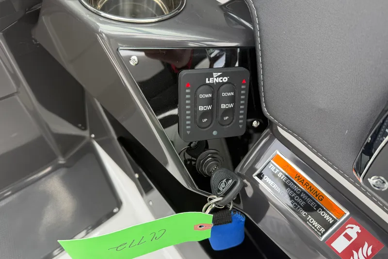 Slide: The Image of 2025 Monterey 278SS Super Sport boat controls with start/stop button and trim settings. - 27