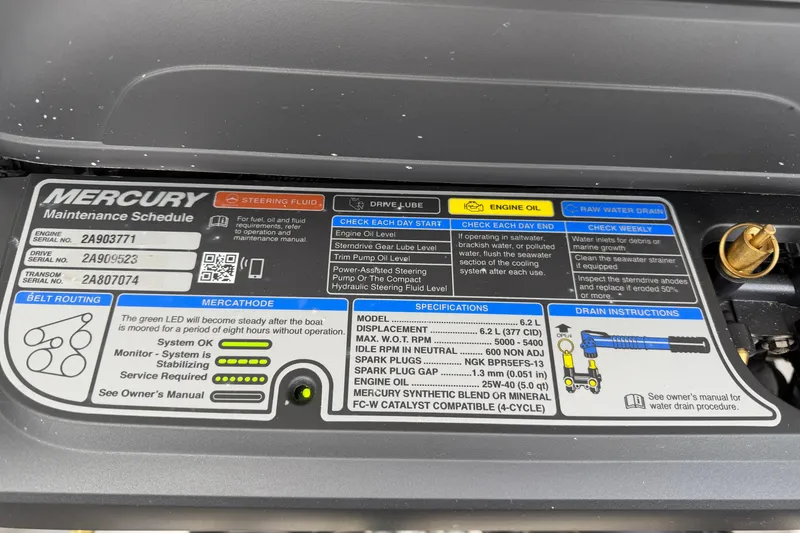 Slide: The Image of Mercury maintenance schedule label on 2025 Monterey 278SS Super Sport boat engine. - 41
