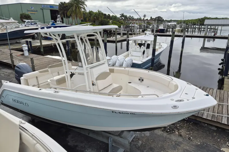 The Image of 2017 Robalo R222 Center Console boat docked at marina with calm water. - 0