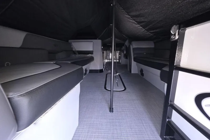 Slide: The Image of Interior view of 2026 Veranda Vista Sport 22RC Tri-Toon, showcasing seating and flooring. - 9