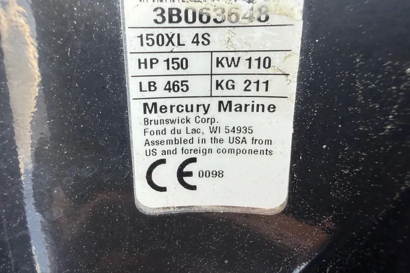 Slide: The Image of Label on Mercury Marine engine, 150XL 4S, 150 HP, assembled in USA. - 25