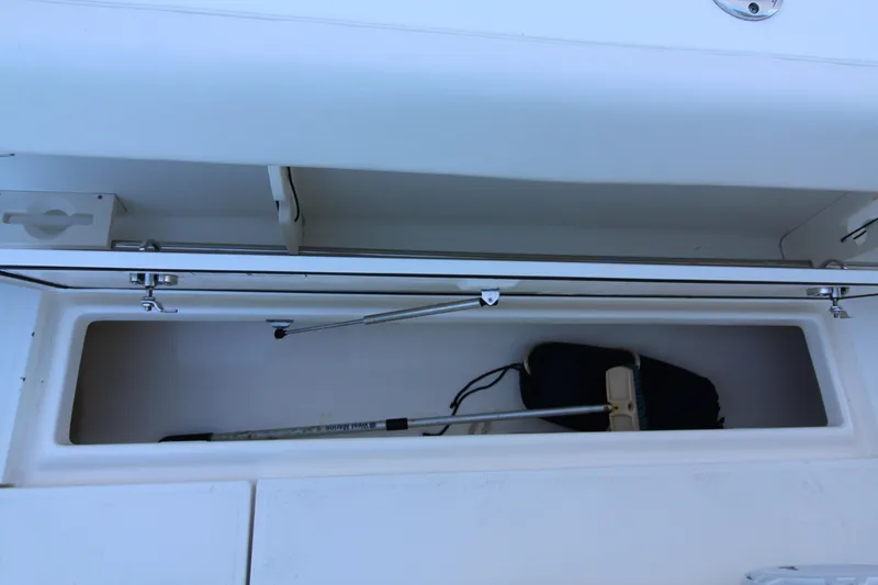 Slide: The Image of Storage compartment on a 2015 Boston Whaler 320 Outrage boat, featuring a cleaning brush. - 15