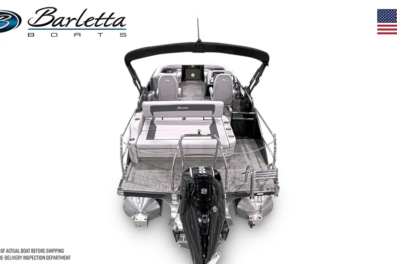 Slide: The Image of 2026 Barletta ARIA 22UC pontoon boat, rear view with seating and motor, white background. - 2