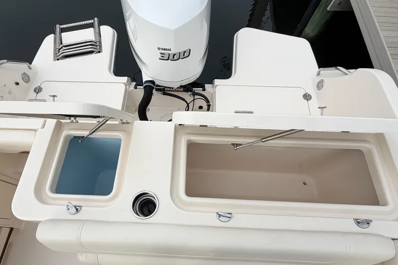 Slide: The Image of 2019 Grady-White Freedom 235 boat with Yamaha 300 engine, featuring storage compartments. - 14