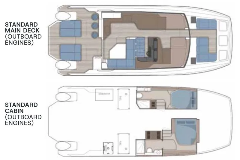 Slide: The Image of Manufacturer Provided Image: Floor plan of 2026 Aquila 46 Coupe, showing main deck and cabin layout with outboard engines. - 11