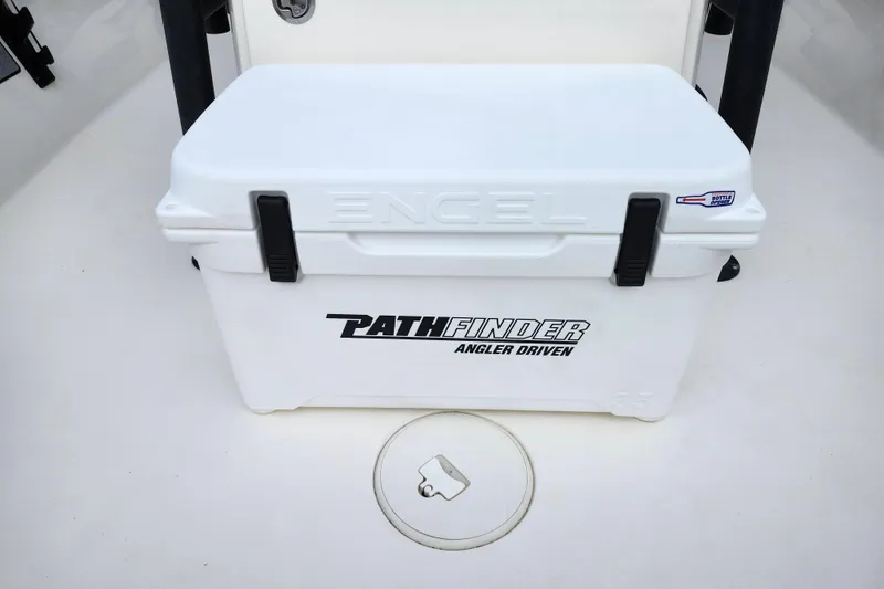 Slide: The Image of White Engel cooler on 2022 Pathfinder 2400 TRS boat deck. - 46