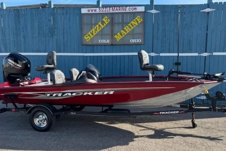 The Image of 2023 Tracker Pro Team 175 TF boat in red, displayed at Sizzle Marine, Ohio. - 0