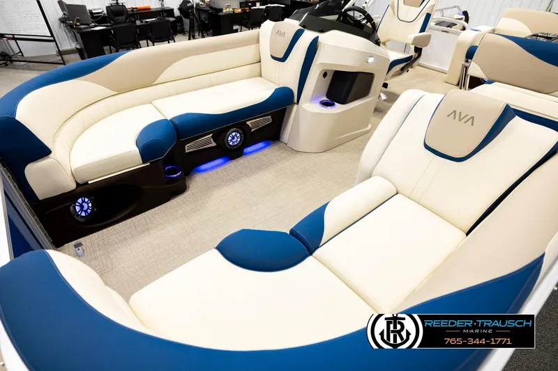 Slide: The Image of Luxurious 2026 Avalon LSZ ENT boat interior with plush seating and ambient lighting. - 10