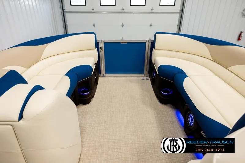 Slide: The Image of Luxurious 2026 Avalon LSZ ENT boat interior with plush seating and ambient lighting. - 18