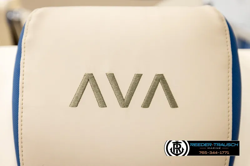 Slide: The Image of 2026 Avalon LSZ ENT seat with embroidered logo, featuring Reeder-Trausch Marine branding. - 46