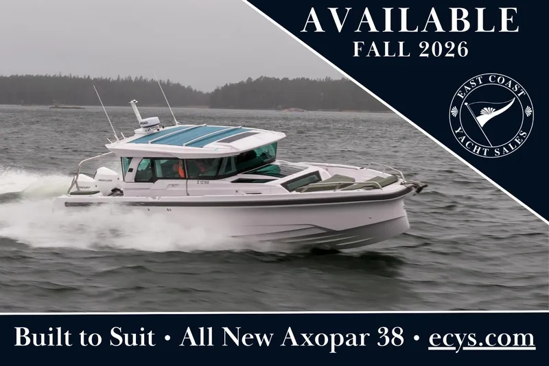 The Image of 2027 Axopar 38 Cross Cabin yacht cruising on water, available fall 2026. - 1