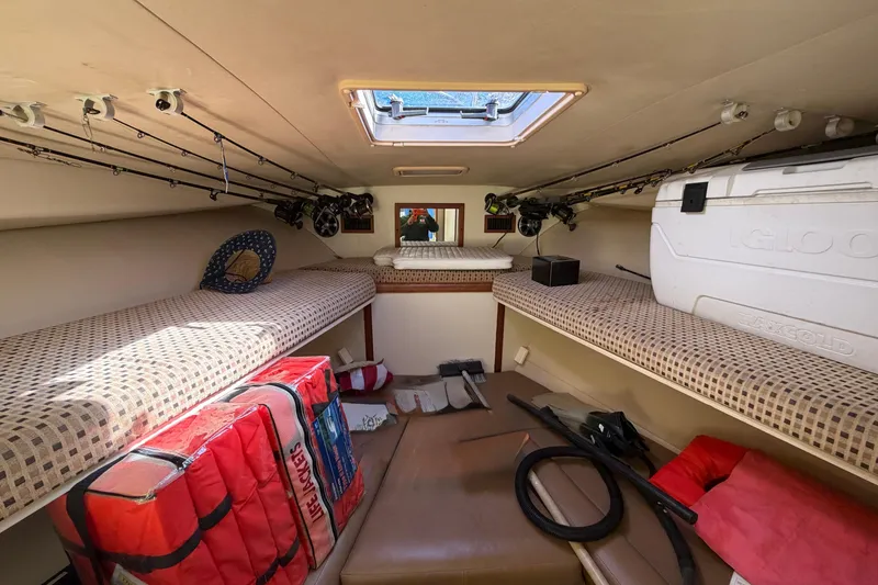 Slide: The Image of 2007 Luhrs 28 Open cabin interior with fishing rods, cooler, and life jackets. - 65
