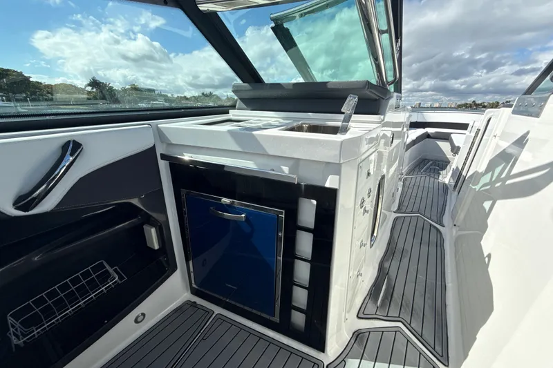 Slide: The Image of 2019 Monterey 385 Super Express yacht interior with sleek design and modern amenities. - 12