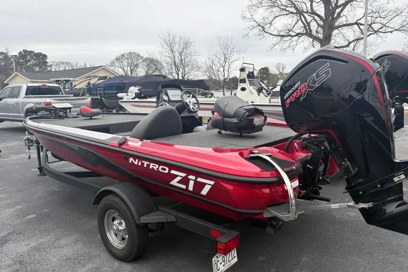 Slide: The Image of 2025 Nitro Z17 boat with Mercury Pro XS engine, parked outdoors. - 1