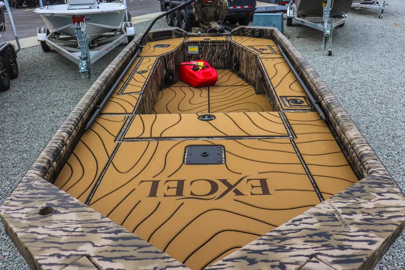 Slide: The Image of 2026 Excel 1754 Shallow Water F4 boat with camouflage design and spacious deck. - 14