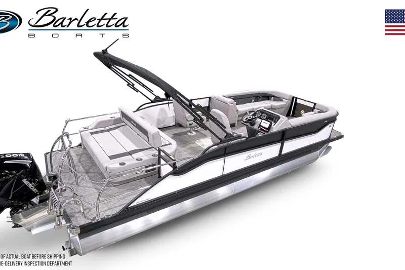 Slide: The Image of 2026 Barletta Aria 24UC pontoon boat with sleek design and modern features. - 2
