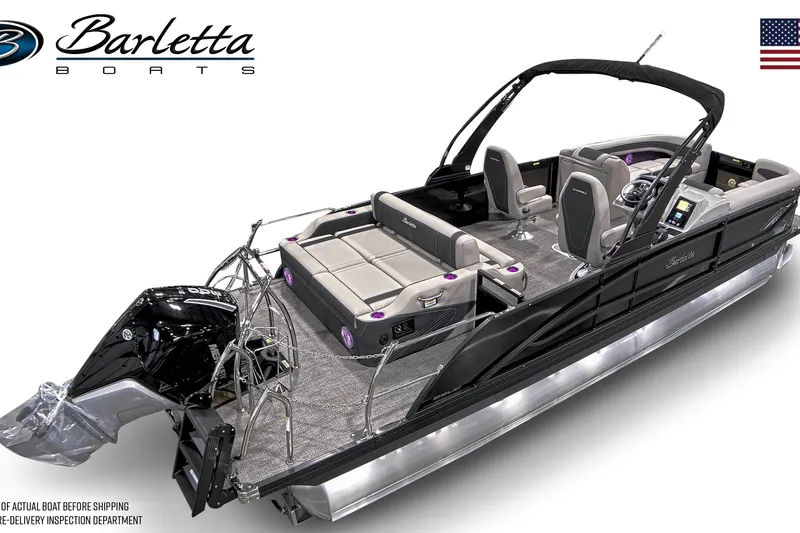 Slide: The Image of 2026 Barletta CORSA 25UC luxury pontoon boat with sleek design and modern features. - 1