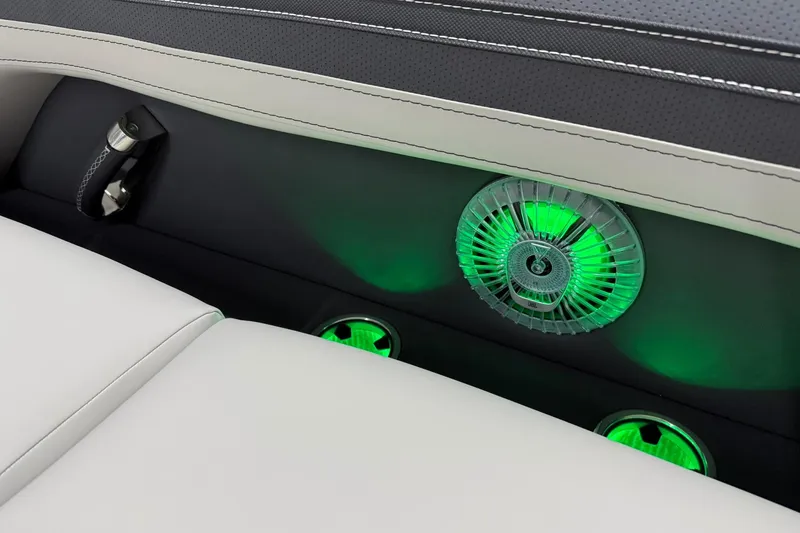 Slide: The Image of 2026 Barletta CORSA 25UC interior with illuminated green speakers and sleek upholstery. - 40