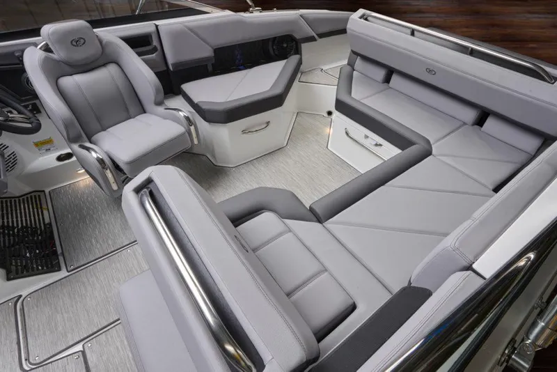 Slide: The Image of Manufacturer Provided Image: 2022 Cobalt R4 boat interior with luxurious gray seating and modern design. - 16