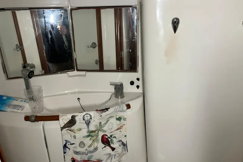 Slide: The Image of Bathroom sink area in a 2005 Beneteau Oceanis 423 yacht, featuring mirrors and bird-patterned towel. - 17