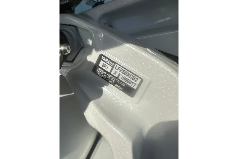 Slide: The Image of Close-up of Yamaha engine label on 2026 Delta Boatworks Delta D245. - 19