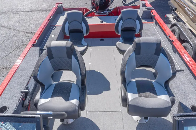 Slide: The Image of 2026 G3 Angler V21 F boat interior with four cushioned seats and red accents. - 10