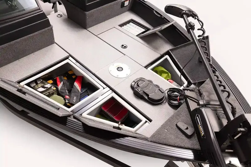 Slide: The Image of Manufacturer Provided Image: 2026 G3 Angler V21 F boat deck with storage compartments and fishing gear. - 3