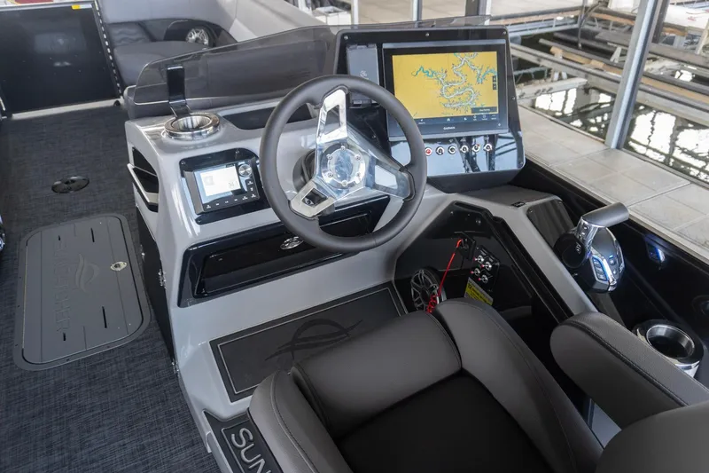 Slide: The Image of 2026 SunCatcher Diamond Elite 326 SL boat cockpit with advanced navigation system and sleek design. - 12