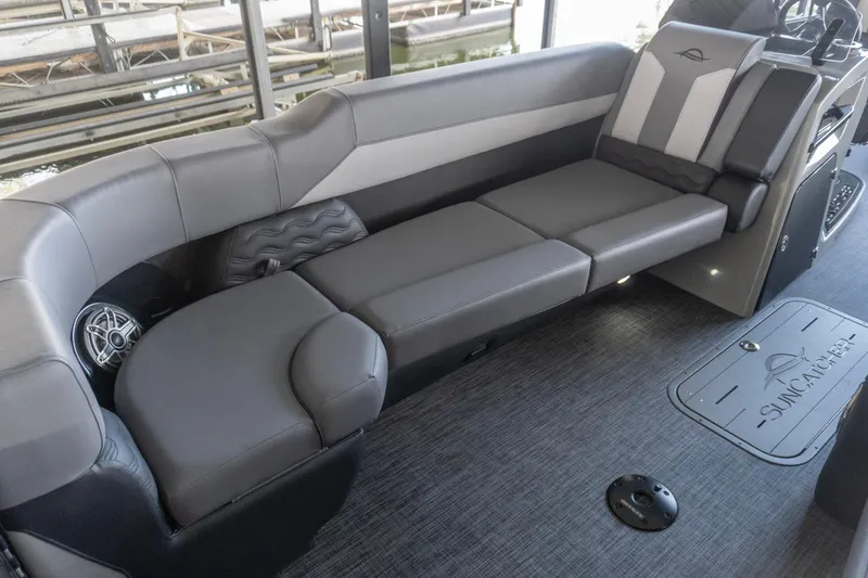 Slide: The Image of Luxurious seating on 2026 SunCatcher Diamond Elite 326 SL pontoon boat, featuring sleek design. - 14