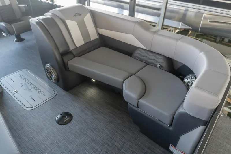 Slide: The Image of Luxurious seating on 2026 SunCatcher Diamond Elite 326 SL pontoon boat, featuring sleek gray upholstery. - 15