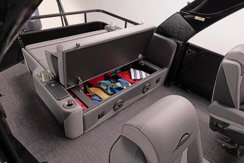 Slide: The Image of Manufacturer Provided Image: 2026 SunCatcher Diamond Elite 326 SL boat interior with open storage compartment. - 3