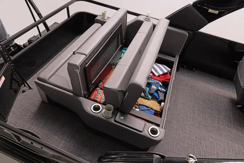 Slide: The Image of Manufacturer Provided Image: 2026 SunCatcher Diamond Elite 326 SL boat interior with storage compartment open. - 4
